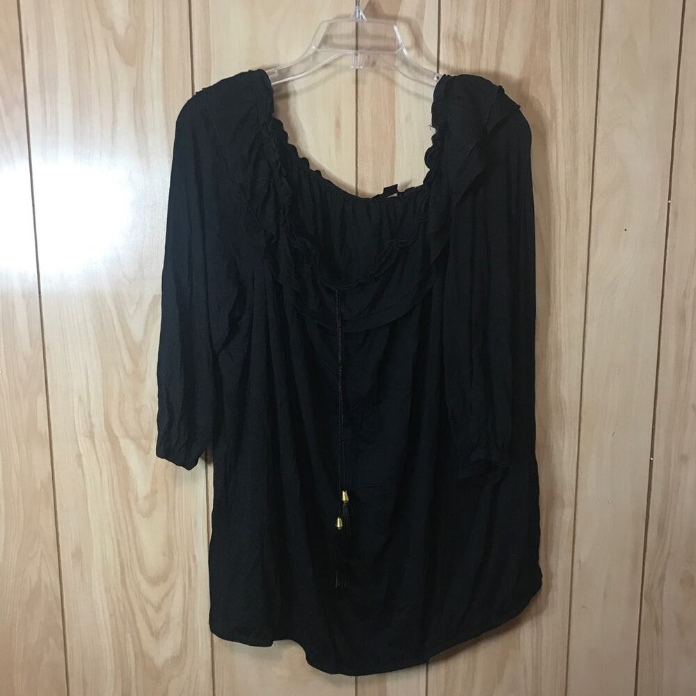 IMAN Black Off the Shoulders Ruffled 3/4 Sleeve Women Blouse 1X